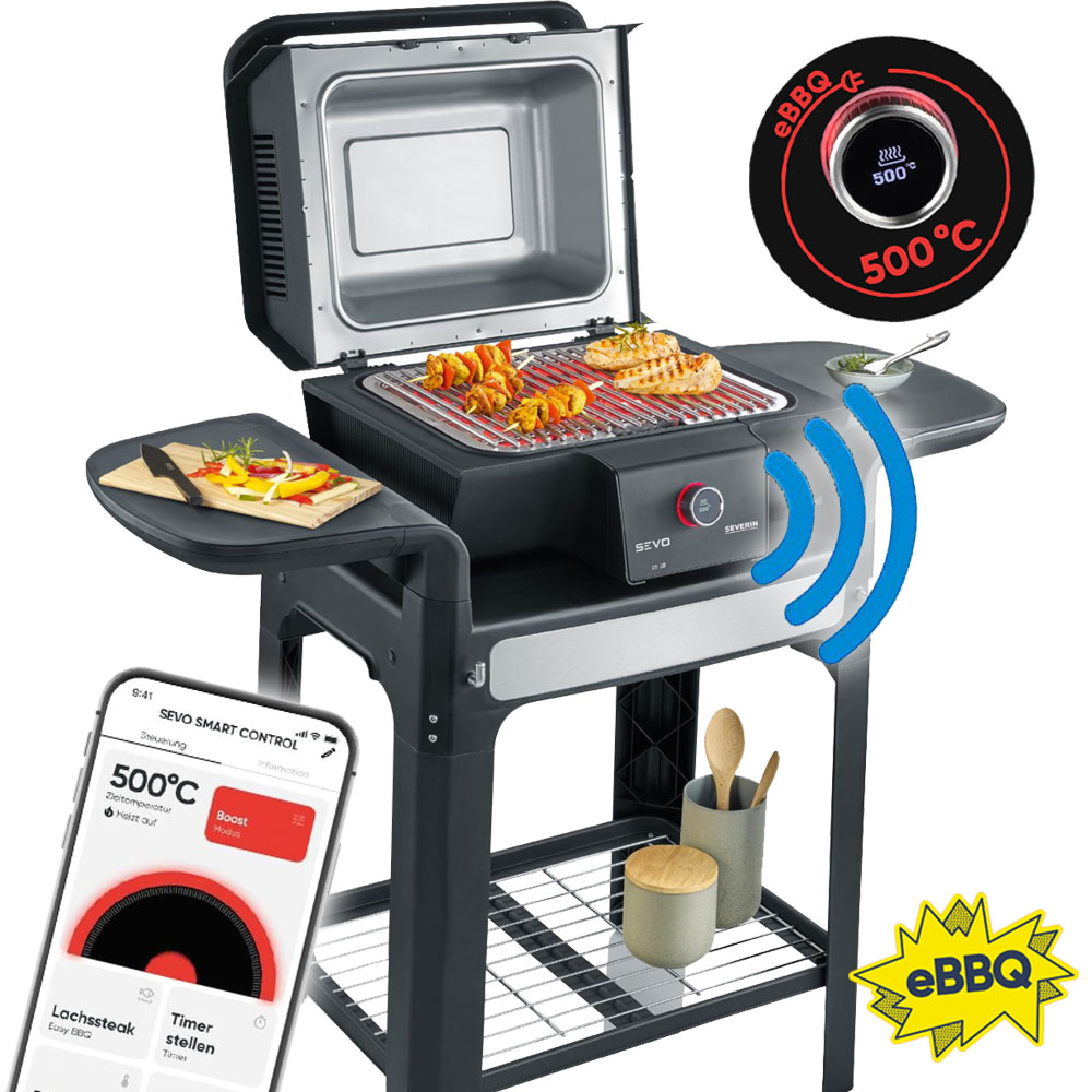 Severin PG 8139 Elektro Stand-Barbecue-Grill BBQ - 500°C - eBBQ in Bestform - WiFi - Inklusive Grillwagen